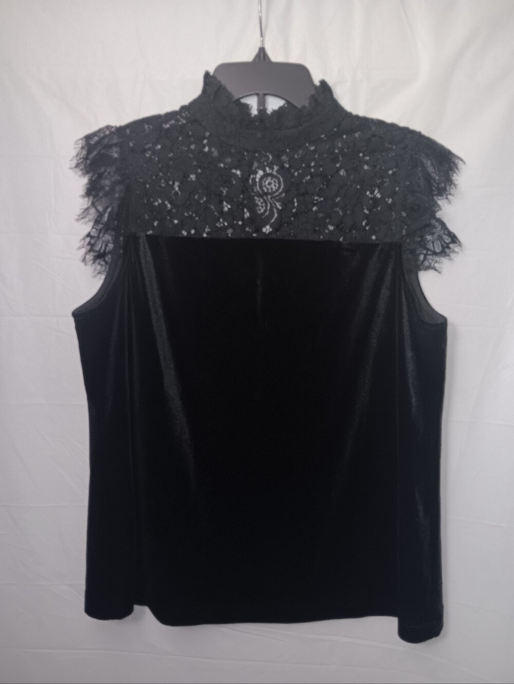ROSE&OLIVE VELVET TOUCH SHEER LACE HIGH NECKLINE SLEEVELESS TOP
